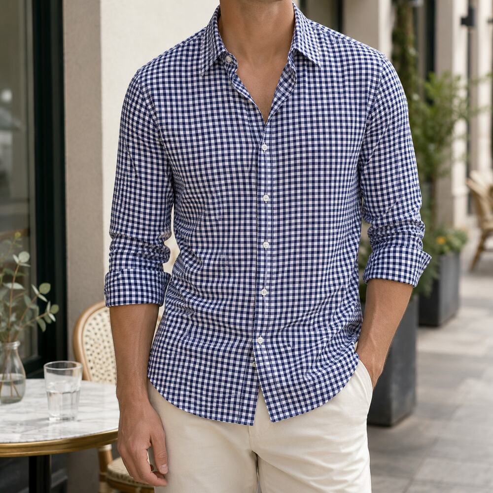 Club Monaco Slim Fit Navy White Gingham Cotton Button Down Shirt Men’s